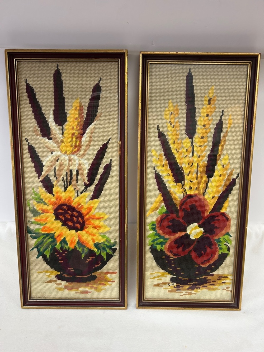 Vintage 1980’s  set of 2 handmade 9x20 framed under glass floral needlepoints